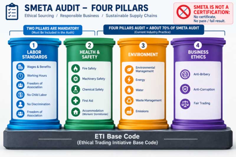 the four SMETA audit pillars: labour standards, health and safety, environment and business ethics the four SMETA audit pillars: labour standards, health and safety, environment and business ethics